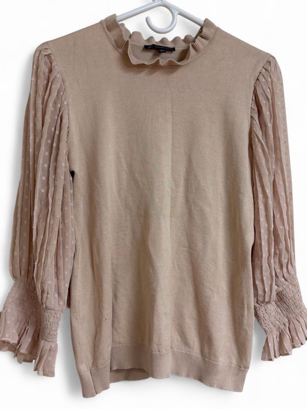 Adrianna Papell Beige Ruffle Neck Sweater with Sheer Dot Bishop Sleeves